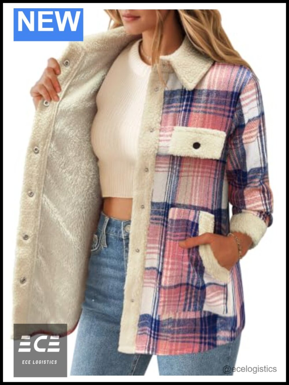 Fleece Lined Plaid Shacket Snap Button Sherpa Jacket